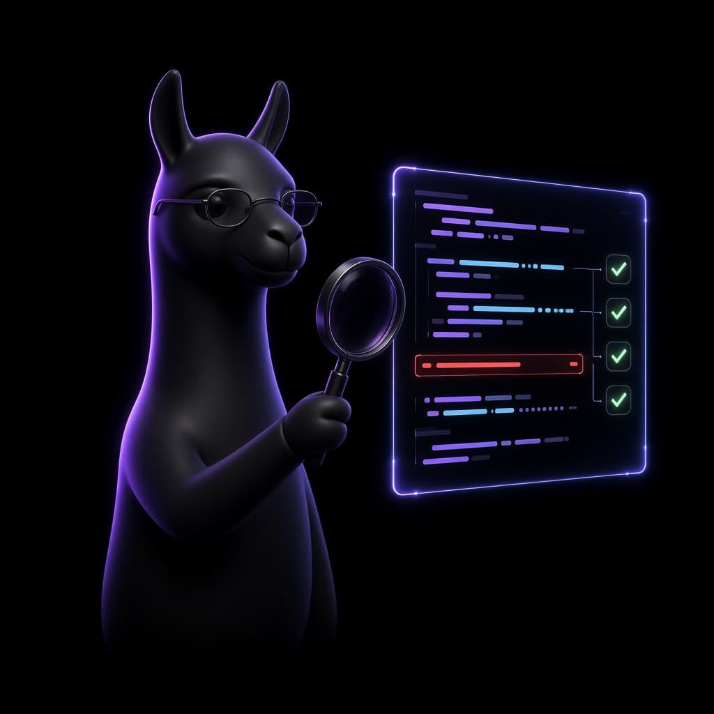 A llama inspecting Solidity code with a magnifying glass